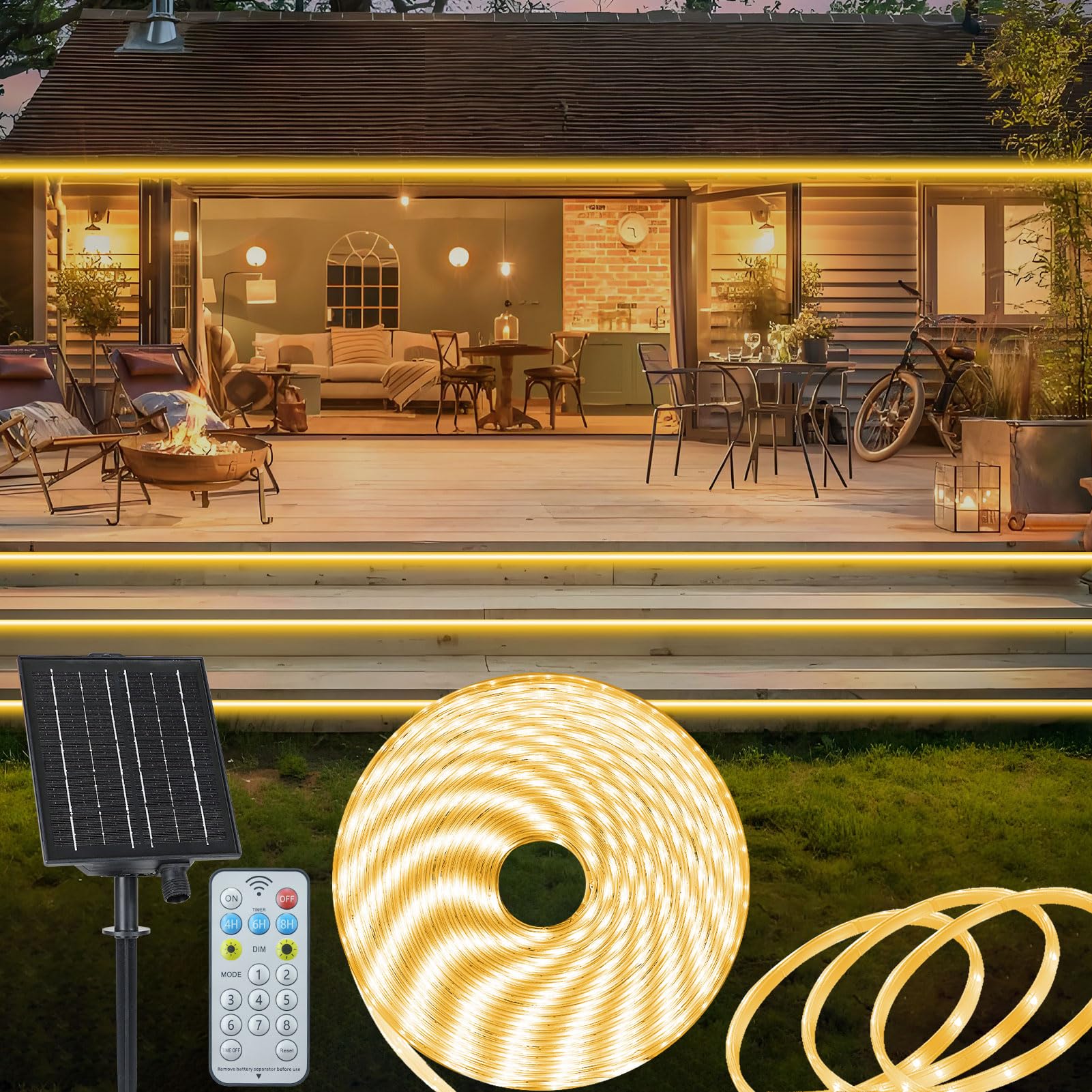 Photo 1 of ZAIYW 32.8ft Solar LED Strip Lights Outdoor, IP68 Fully Waterproof Strip Lights with Timer Remote Dim, Self-Adhesive Cuttable Light Strip for Fence Yard Garden Decor (Warm White)