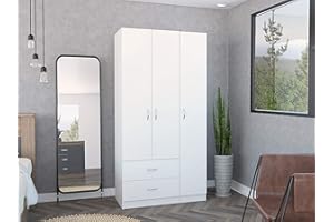 Tuhome Austral 3 Door Armoire with Drawers, Shelves, and Hanging Rod, White