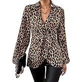 pykadmy Women's Leopard Print Blouse Long Sleeve V Neck Tie Front Lapel Collar Top Trendy Blouse Shirt