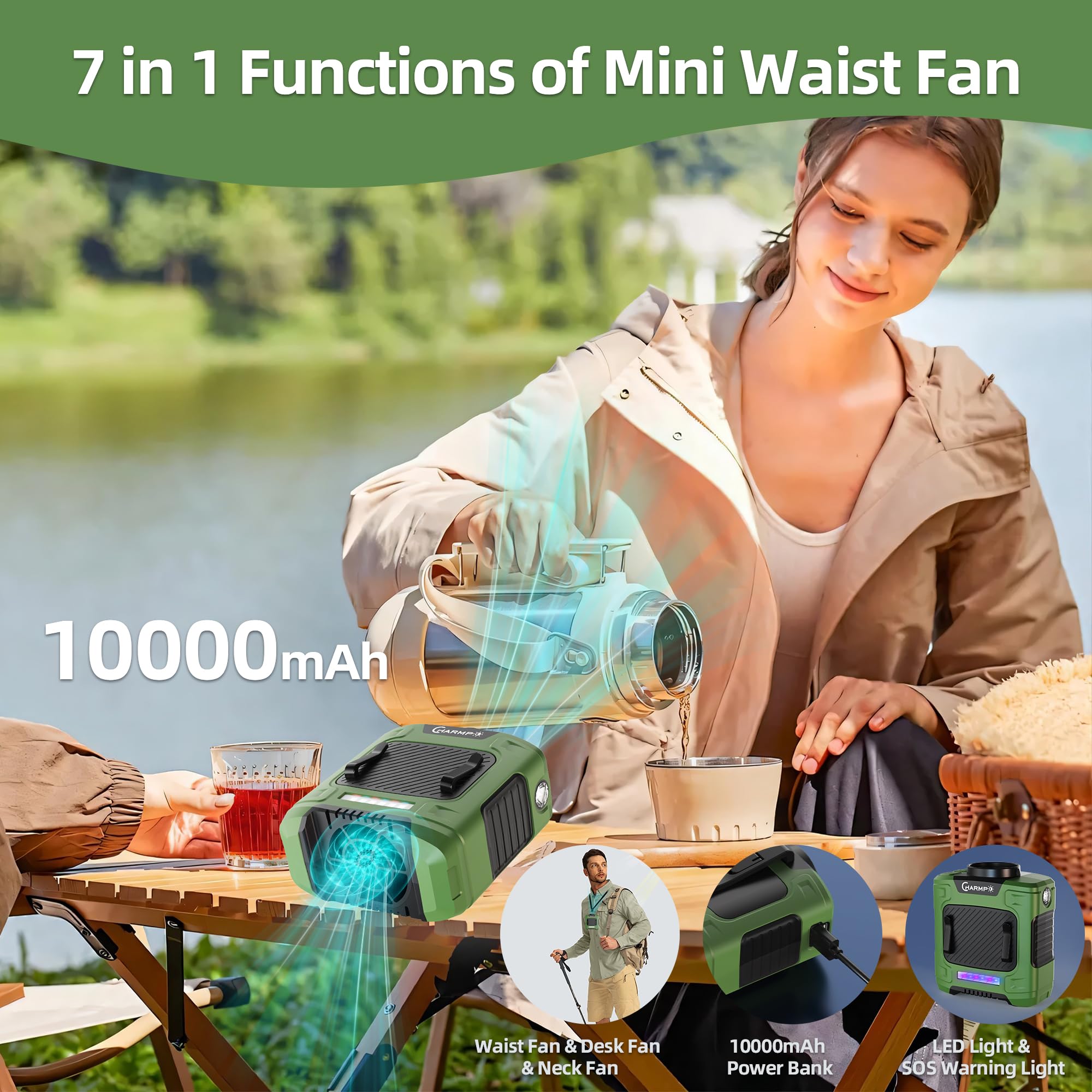 Waist Fan - 10000mAh Rechargeable, 24H Cooling, 16000RPM Strong Airflow, 3-Speed Portable Belt Fan with LED SOS & Red-blue Warning Light for Jobsite, Camping, Travel, Farming