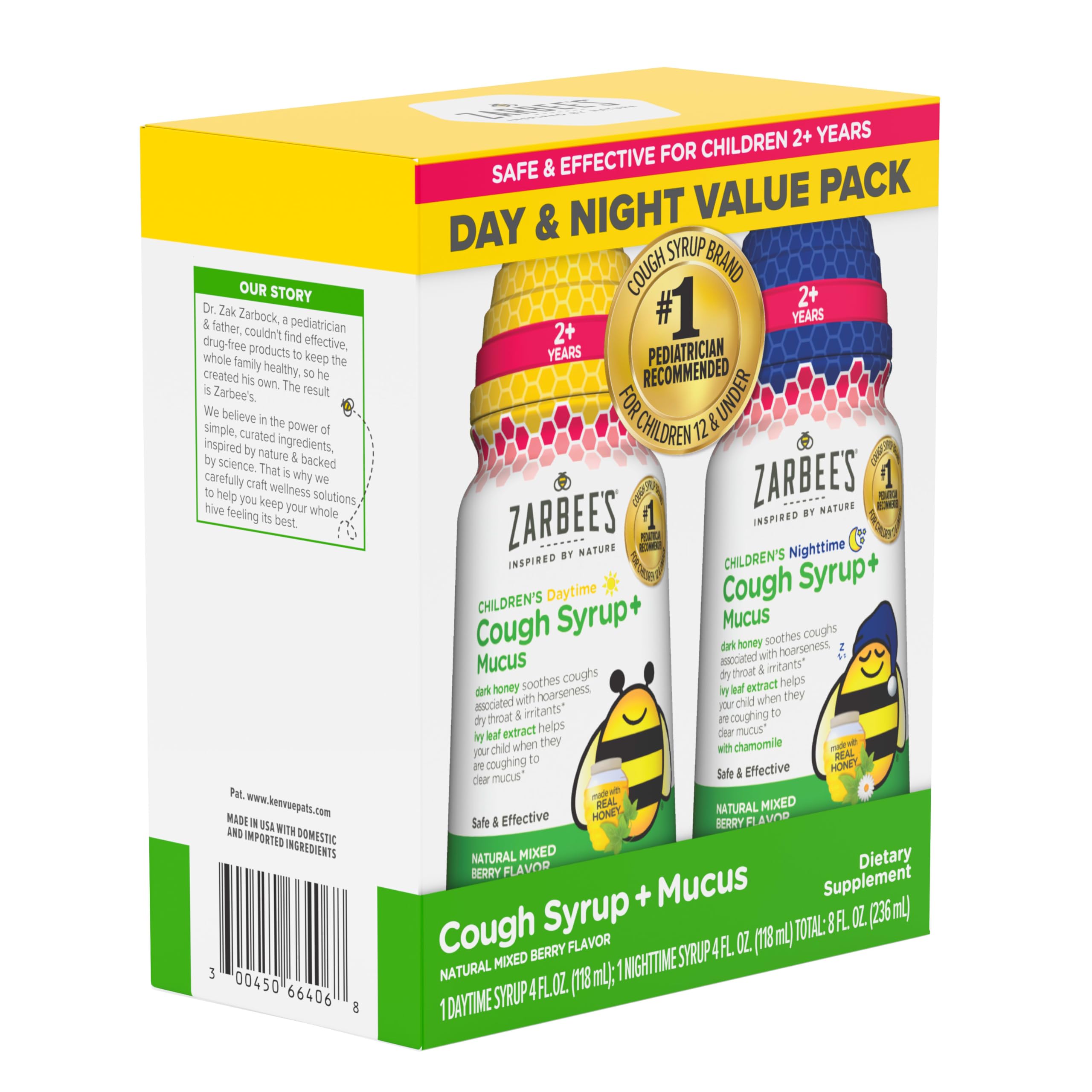 Zarbee's Children’s Honey Cough Syrup + Mucus Day & Night Value Pack, Daytime & Nighttime Toddler Cough Syrup, Dark Honey, Ivy Leaf Extract, Chamomile, Mixed Berry Flavor, 2X 4 Fl Oz