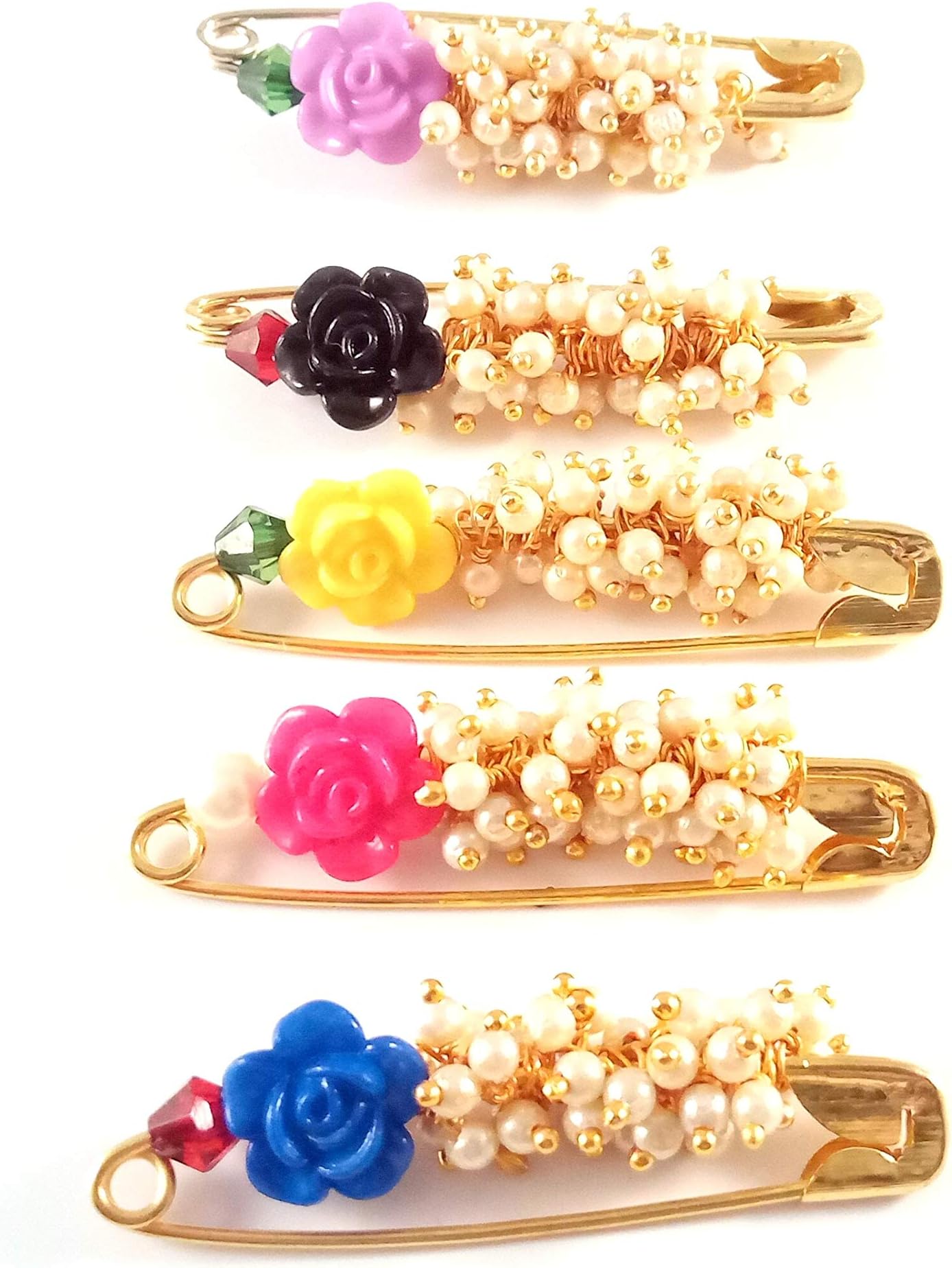 Sarvam Decorative Safety Pins Saree Pin Brooch One Side of Pin Decorated with Multicolored Flowers and Faux Pearls Set of 5