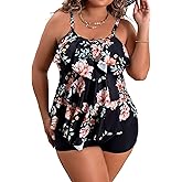 B2prity Women Plus Size Tankini Swimsuits Tummy Control Two Piece Bathing Suit Ruffled Flounce Swimwear with Shorts