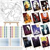 Tenceur 12 Sets Halloween Pre Drawn Canvas Easel Brushes Beginner Party | Stretched Panels with Pre-drawn Halloween Designs, Includes Easel for Adult Party Painting Activities and Art Beginners
