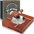 Wood Cigar Ashtray Accessories for Cigarettes - Indoor Outdoor Patio Home Office Use - Square Wooden Brown Ash Tray Gift Set for Men With Gift Box (Classic)