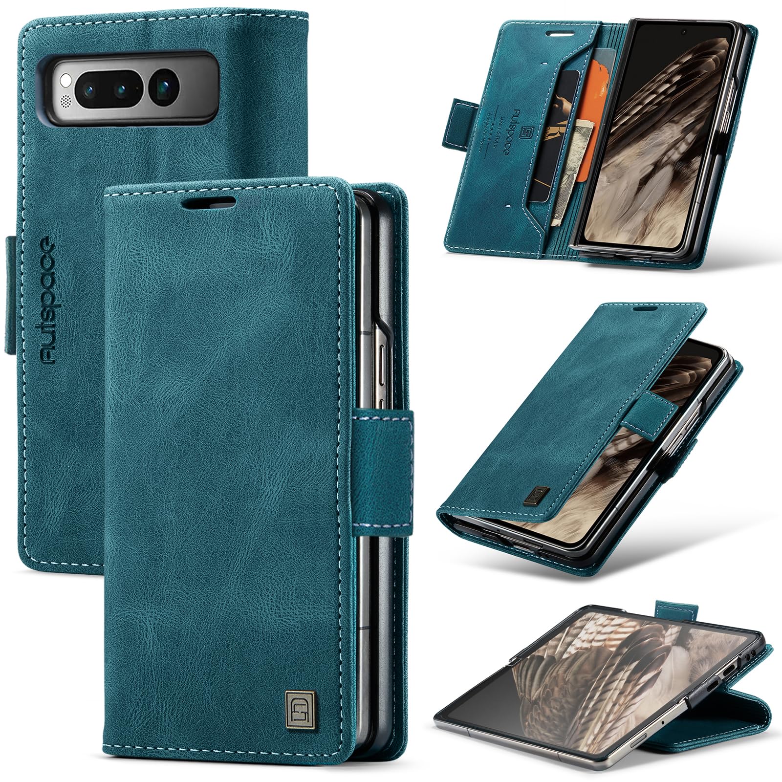 EYZUTAK Wallet Case for Google Pixel Fold, Retro Matte Premium Protective Leather Case 1 Card & 1 Cash Slot with RFID Blocking Viewing Stand Magnetic Closure TPU Shell Flip Cover - Blue