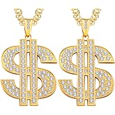 Tatuo 2 Pcs Dollar Sign Chain Gold Plated Hip Hop Necklaces Trendy Men | Money Chain for Men Hip Hop, Gold Necklace, Rhinestone Dollar Pendant, Rapper Jewelry, Halloween Costume Accessory