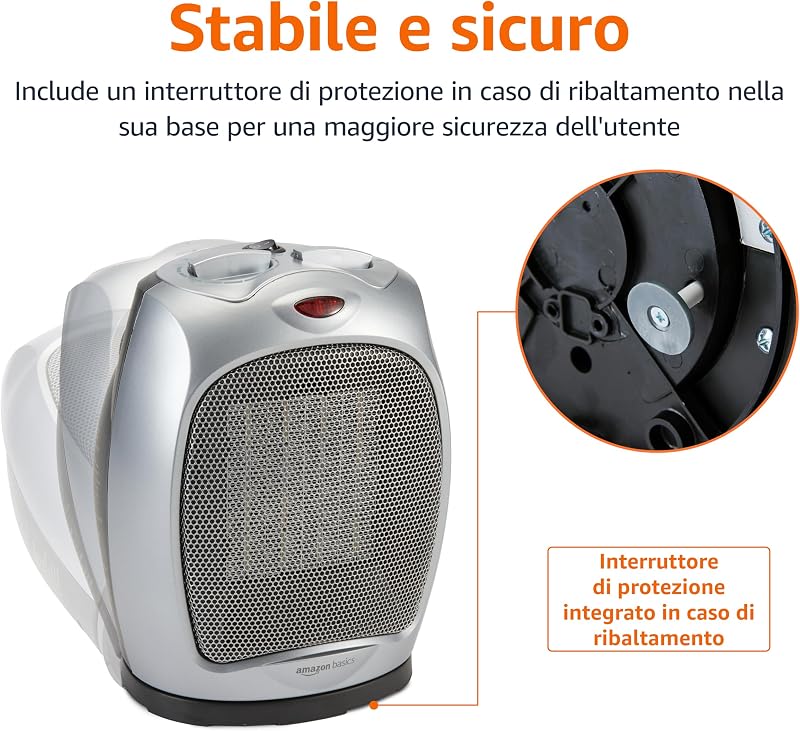 Termoventilatore oscillante in ceramica da 1800 Watt con termostato regolabile - Argento