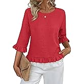 siliteelon Womens 3/4 Sleeve Tops Summer Tshirts Ruffle Flowy Crew Neck Dressy Casual Blouses 2026 Trendy Cute Work Outfits