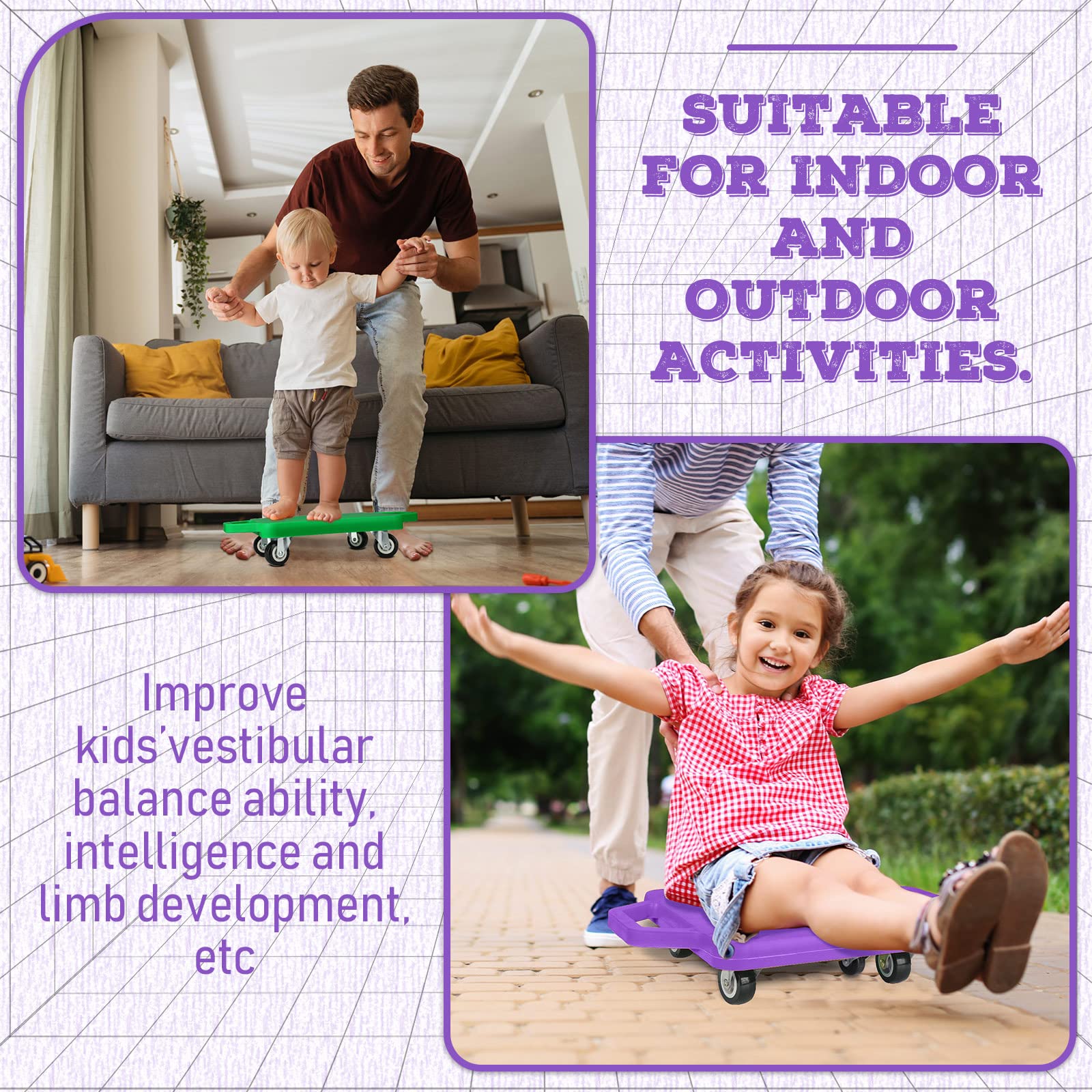 Jerify 8 Pieces Sports Scooter Board Sitting Scooter Board for Kids Plastic Floor with Non-Marring Plastic Casters, Physical Education for Home School Play Equipment