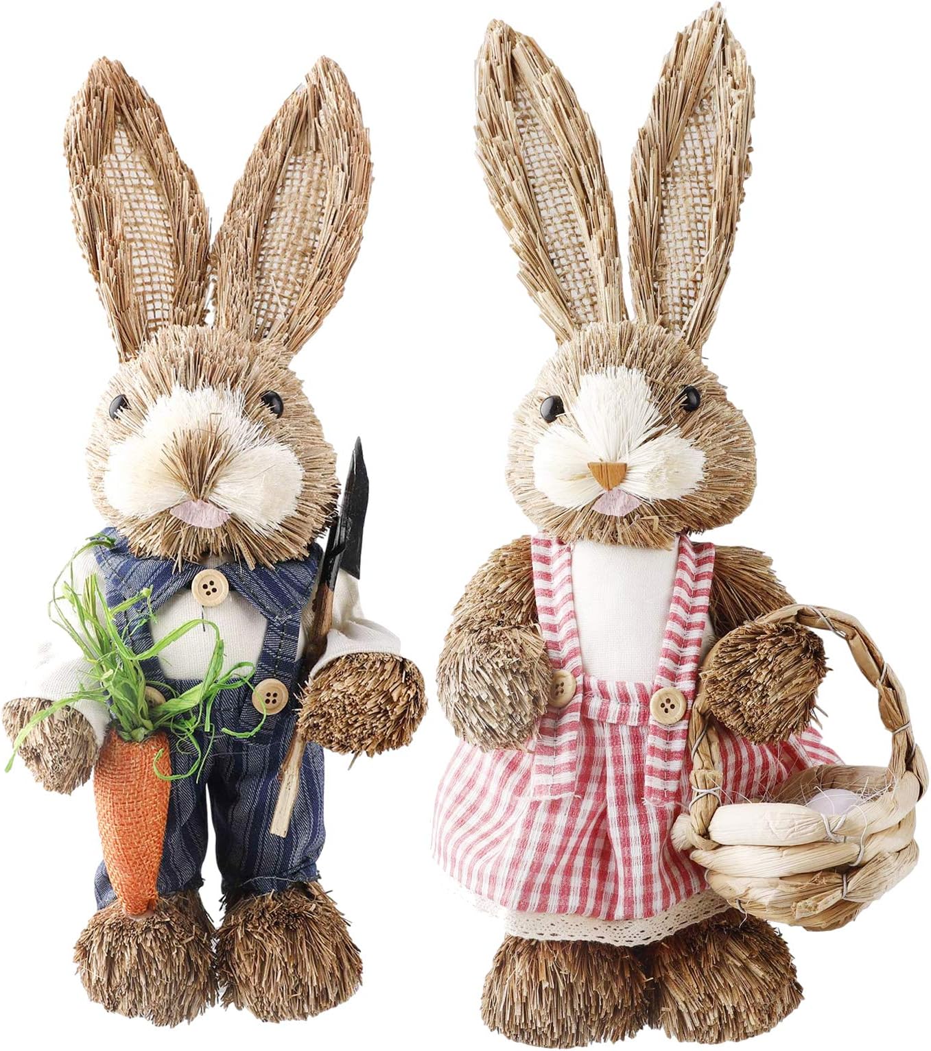 XINdream Standing Bunny Figurine, 14 Inch Straw Woven Easter Rabbit Holding Basket and Carrot, Easter Standing Rabbit Decor for Easter Day Garden Desktop Ornament