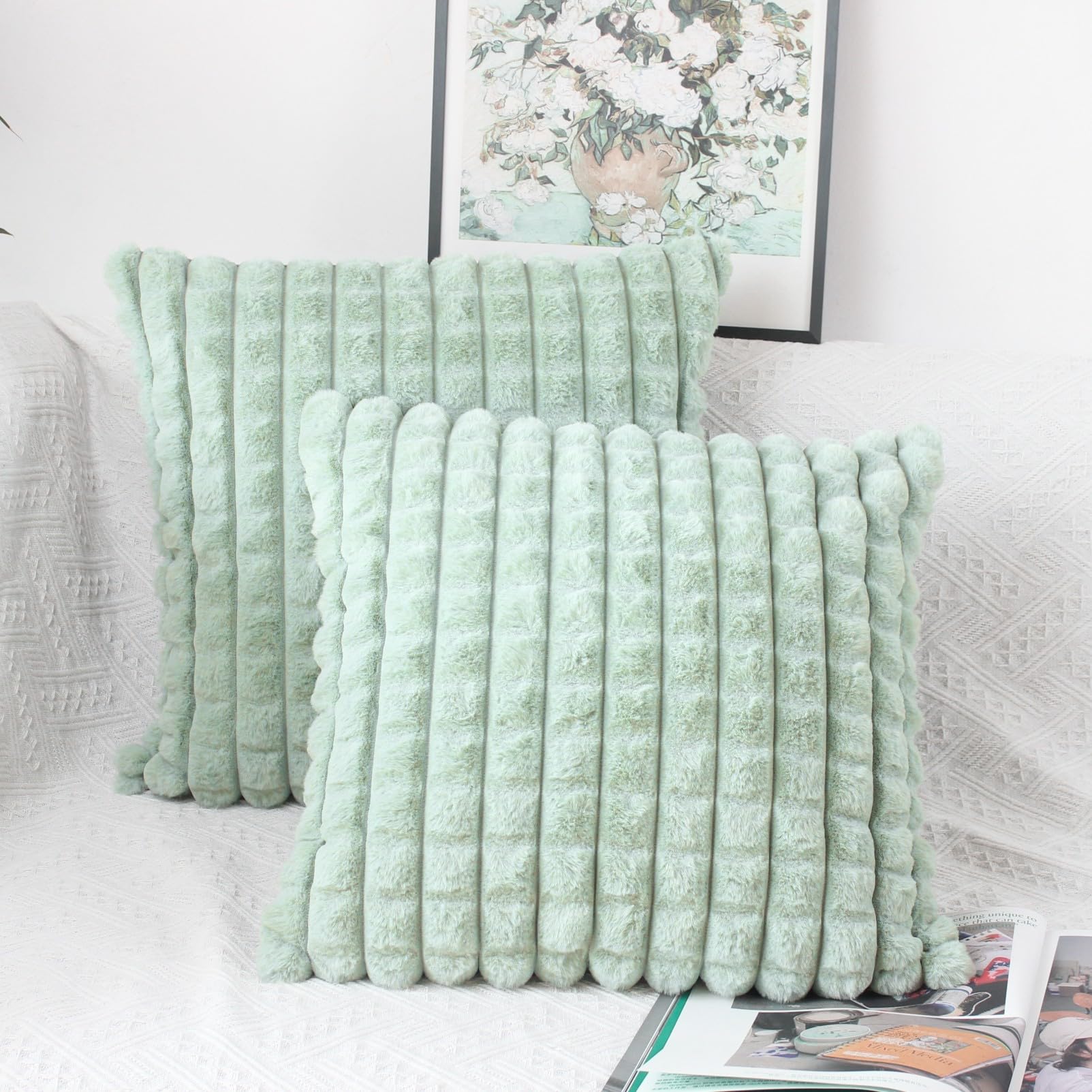 OYIMUA Fluffy Sage Green Cushion Covers 40cm x 40cm Faux Fur Cushion Cover 16 x 16 inches Set of 2 Pillow Cases Soft Plush Sofa Cushions Living Room Modern Moroccan Covers