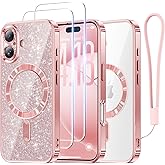 Meifigno Designed for iPhone 17 Case 6.3", [Glitter Card & Wrist Strap] [Compatible with MagSafe] [2X HD Screen Protectors] Surround Raised Lens Protection for iPhone 17 Case 6.3 Inch, Rose Gold