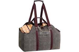 eletecpro Firewood Carrier Bag, Large Waxed Canvas Log Carrier Bag, Fire Place Sturdy Wood Carring Bag with Handles Security Strap for Camping Indoor (Dark Green)