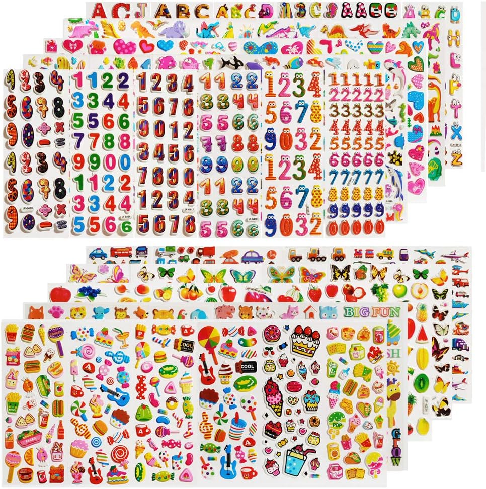 CNYMANY 60 sheets (1800+) Stickers for Kids 3D Puffy Stickers for Scrapbooking Bullet Journal Including Letter Fish Vehicle Number Heart Fruit Dinosaur Butterfly Dessert Animal