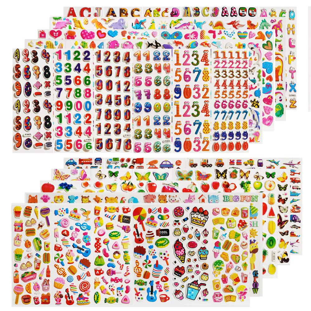 CNYMANY 60 sheets (1800+) Stickers for Kids, 3D Puffy Stickers for Scrapbooking Bullet Journal, Including Letter Fish Vehicle Number Heart Fruit Dinosaur Butterfly Dessert Animal
