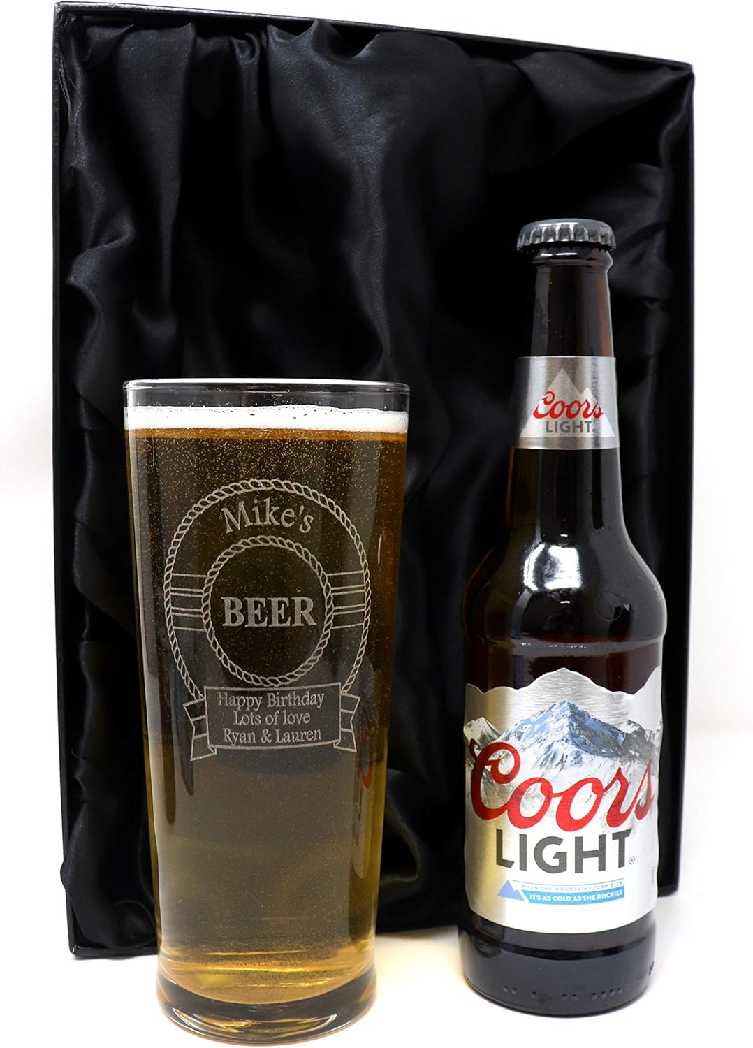 Engraved/Personalised *Beer Design* New Pint Glass & Bottle of Beer Set in Silk/Satin Lined Gift