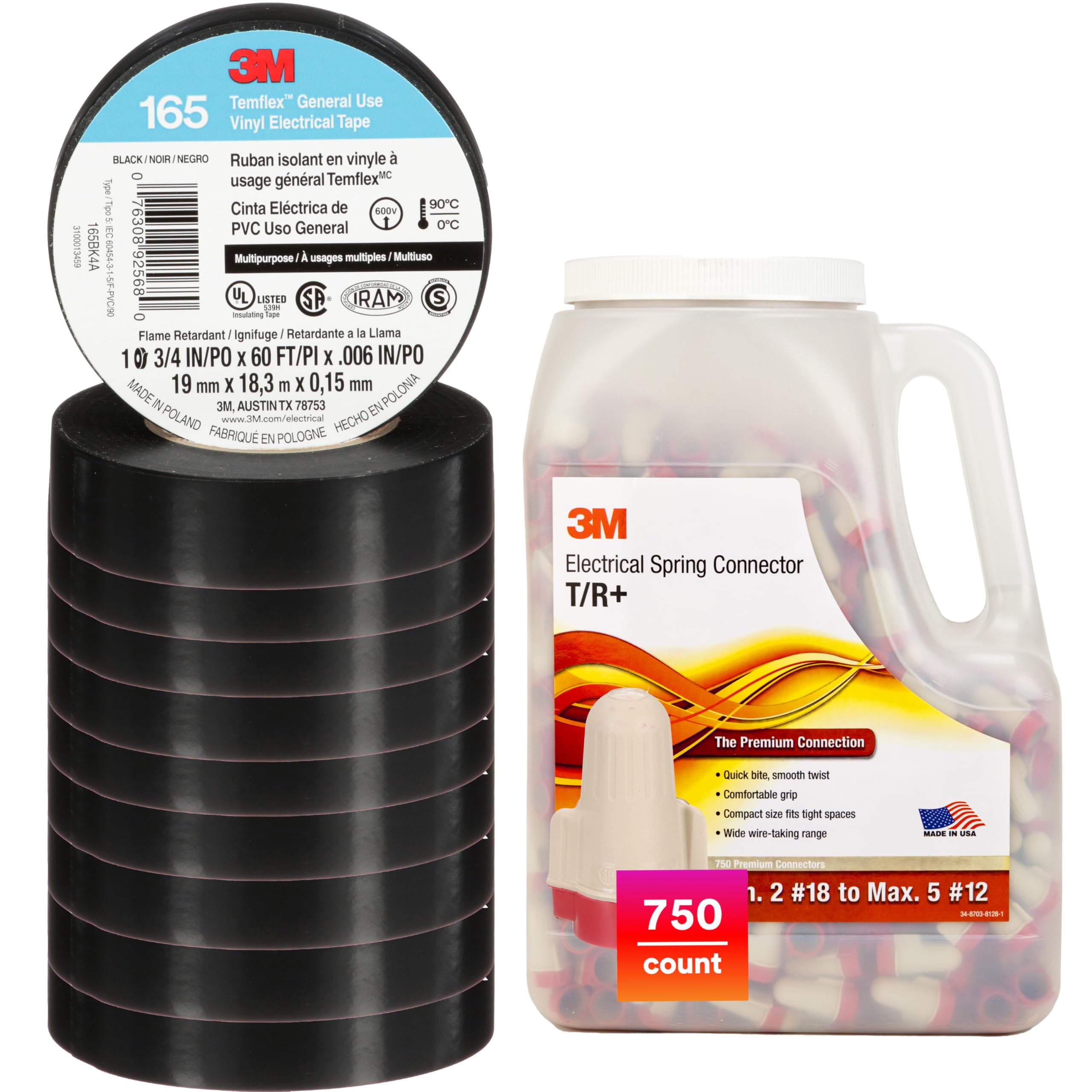 Bundle of 3M Temflex Electrical Tape 165, Black, 3/4 in x 60 ft, 10 Roll Pack + 3M Performance Plus Wire Connector T/R+JUG, Tan/Red, Flexible Steel Spring Connectors, Jug of 750, 22-8 AWG Image
