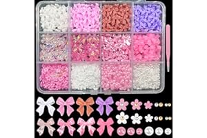 AQNJC 1000 PCS 3D Nail Charms Bulk 8 Colors Bow Nail Charms Y2K Flower Rose Heart Star Pearl Nail Charms and Gems for Nails Design Nail Pearls Charms for Nail Art