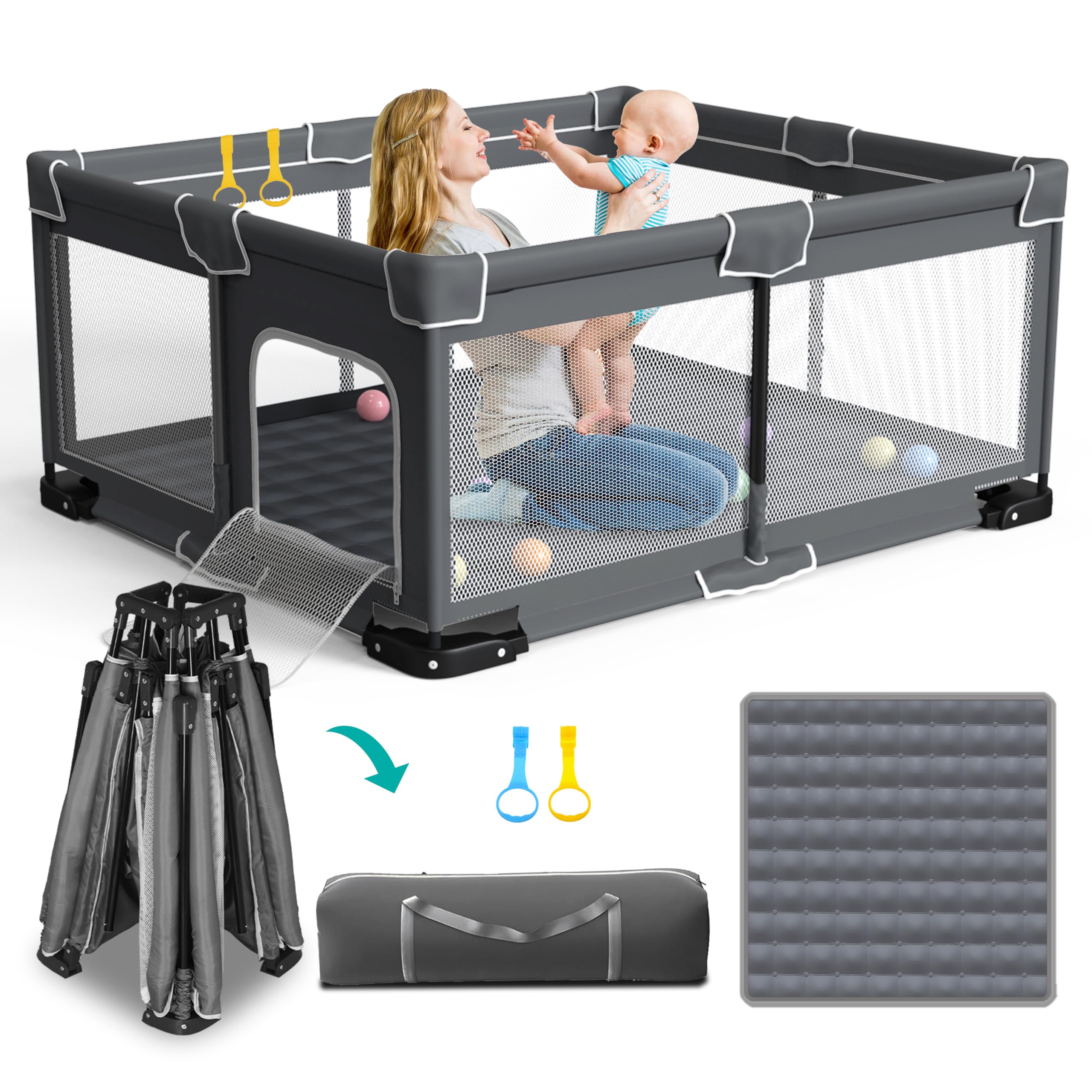 Photo 1 of ICAREWAY Foldable Playpen for Babies and Toddlers, 59x71 Inches Portable Playpen, Kids Collapsible Play Pen with 2 Handlers, Indoor & Outdoor Baby Fence Play Area with Visible Mesh, Dark Gray