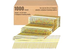 Pasimy 1000 Per Box 2 x 0.113 Inch Framing Nails 21 EG Degree Smooth Shank Plastic Collated Galvanized Full Round Head Framing Nails