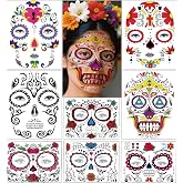 Halloween Temporary Face Tattoos Makeup Kit, Day of the Dead Sugar Skull Floral Black Skeleton Web Red Roses Full Face Mask Stickers Tattoo Families Party Supplies