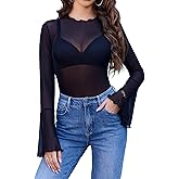Avidlove Mesh Tops for Women Long Bell Sleeve Blouses Sexy Going Out Shirt Sheer Winter Outfits 2025