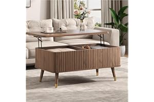 Vanvuson Lift Top Coffee Table with Storage, Mid Century Modern Coffee Table with Solid Wood Legs, 38" Minimalist Fluted Center Table for Living Room, Home Office, Walnut