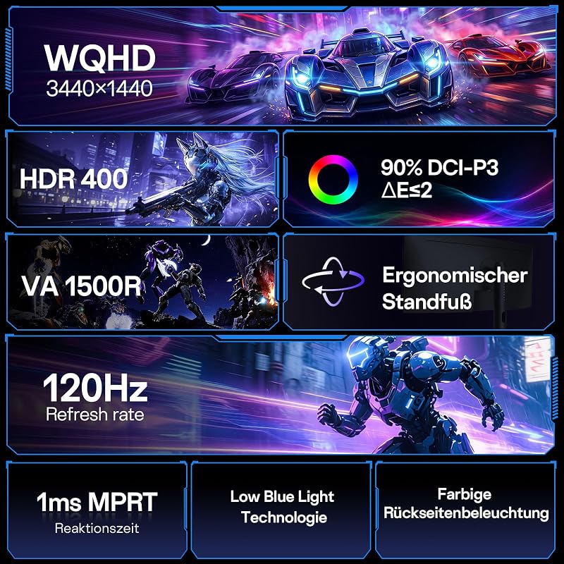 34-Zoll Curved-Gaming-Monitor UWQHD 120 Hz 3440 x 1440, 1500R-VA-Panel