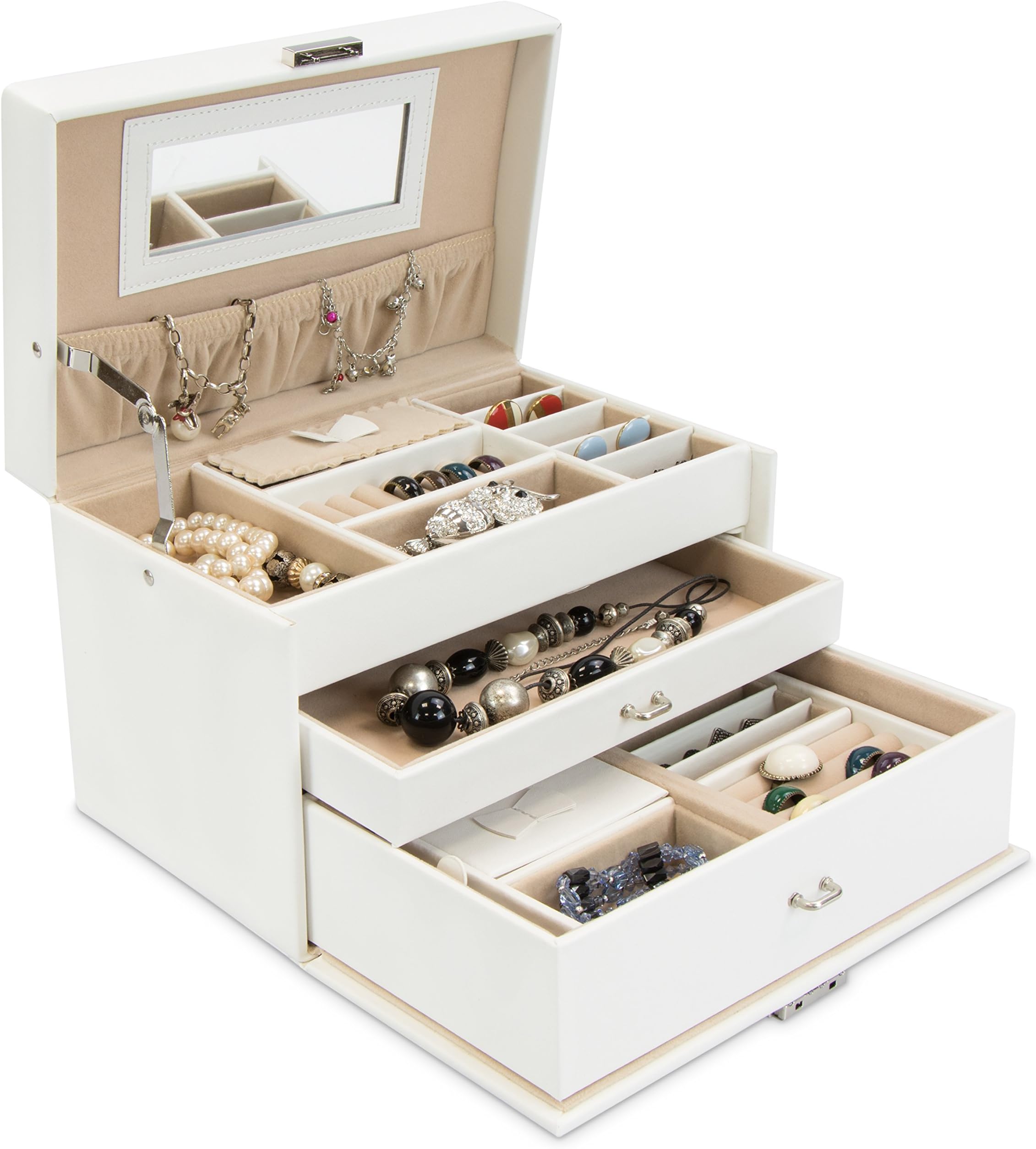 Jewelery box for safe storage - White 24 x 16 x 15 cm - Jewelry Presentation and Makeup Organizer - Grinscard