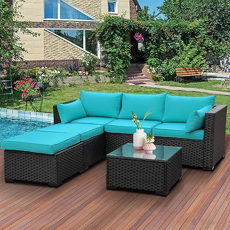 Amazon Com Outdoor Sectional Sofa Set 4 Piece Patio Pe Black Wicker Rattan Conversation Furniture With Turquoise Cushion Garden Outdoor