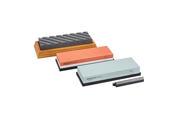 Amazon Basics Whetstone Knife Sharpening Wet Stone - Dual-Sided 400/1000 and 3000/8000 Grit Stones, Flattening Stone, and Non