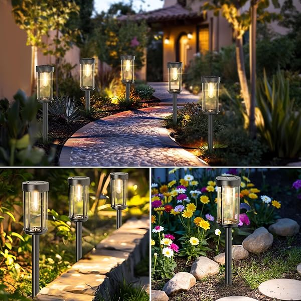DAMAYCA 12 PACK SOLAR LIGHTS OUTDOOR WATERPROOF FOR GARDEN WALKWAY PATHWAY LAWN YARD DECORATIVE MODERN LANDSCAPE LIGHTING. (WARM WHITE LIGHT, 12)