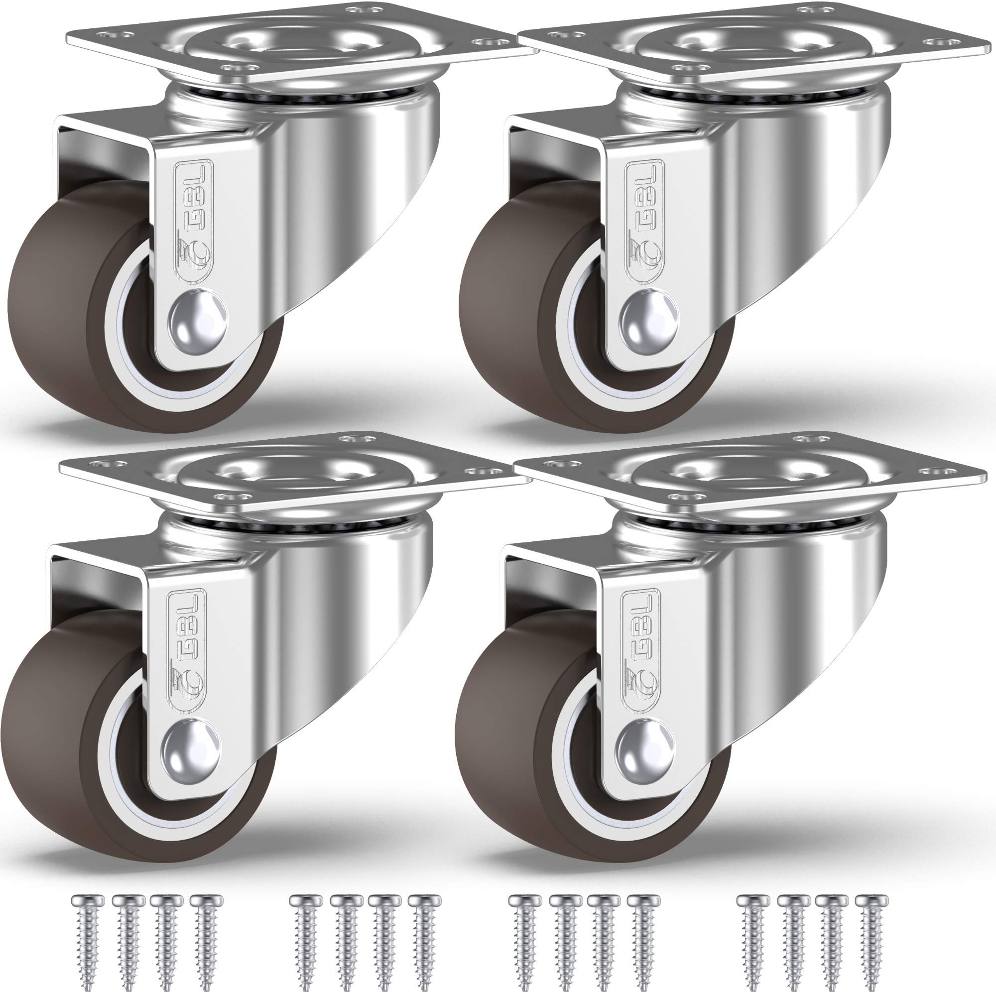 GBL Heavy Duty Castor Wheels + Screws - 25mm up to 40KG - Pack of 4 No Floor Marks Silent Caster for Furniture - Rubbered Trolley Wheels - Silver Castors