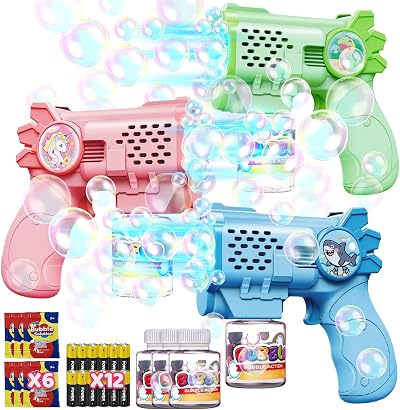 Tecnock 3 Pack Bubble Guns for Kids with 12 Batteries 3 Bottles Refills