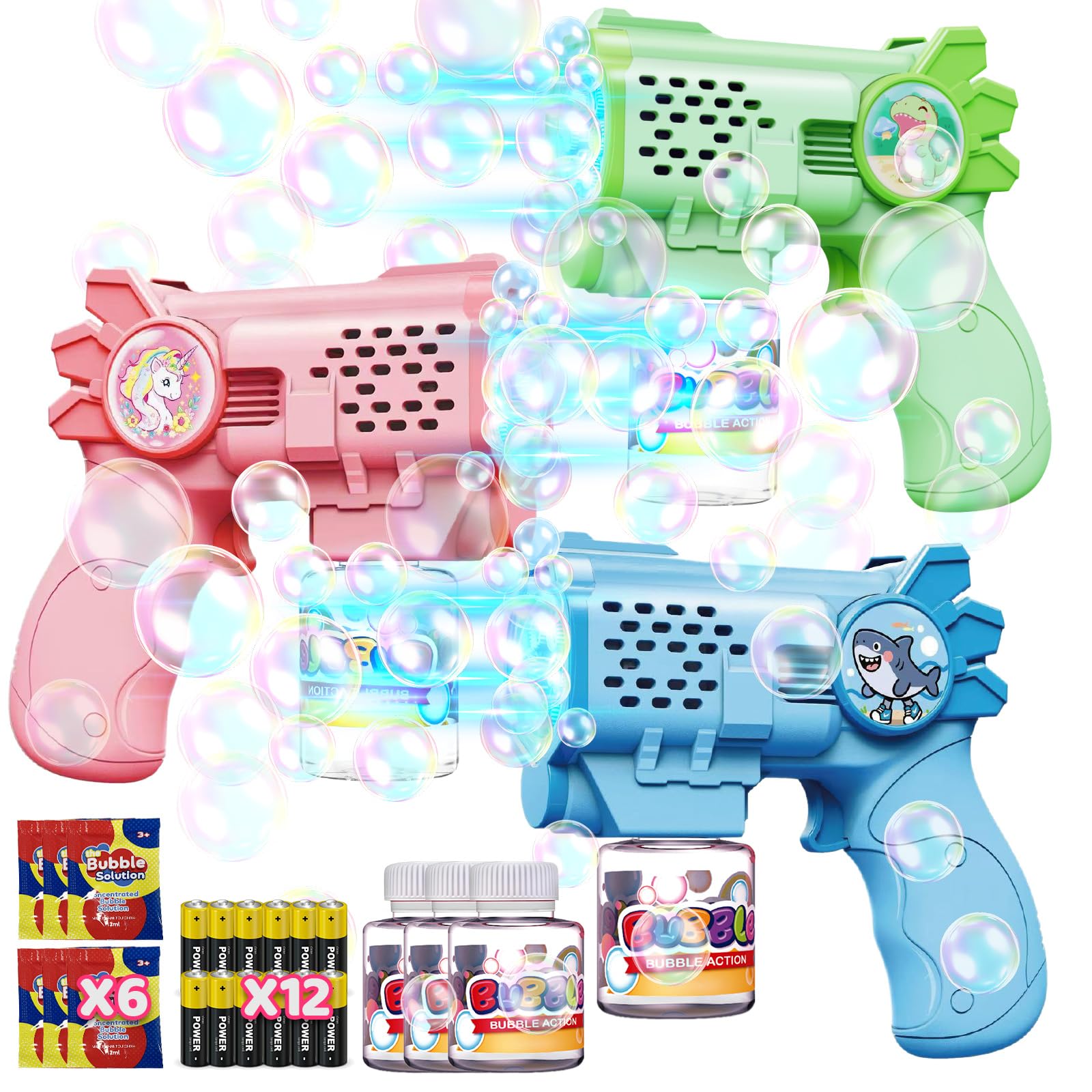 Tecnock 3 Pack Bubble Guns for Kids, Automatic Bubble Blasters with 12 Batteries Included, 3 Bubble Solution Bottles & 5 Refills, Lightweight, Leak-Resistant, Birthday Gift, Party Favours
