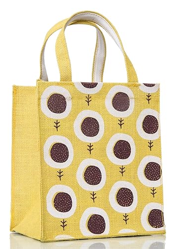 H&B Unisex Handcrafted, Hand Printed Sustainable Sunflower Design Jute Tote Bag (Yellow)