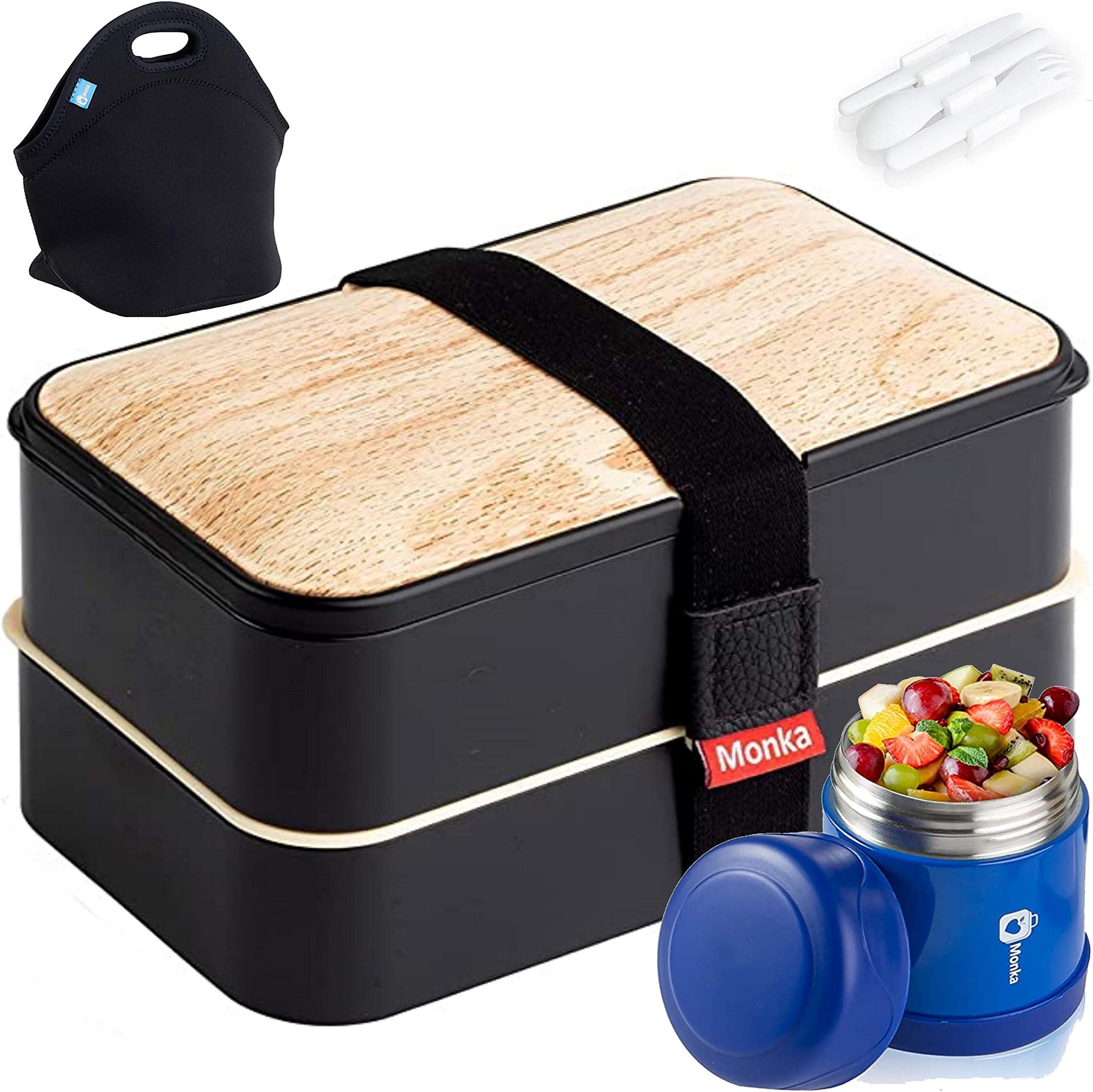 Monka Bento Lunch Box For Adults And Kids, With Thermos Vacuum And Lunch Bag, Lunch Containers Storage Stainless Steel Food Jar Thermal Neoprene Lunch Tote . Leakproof Insulated And Keep Warm & Cold