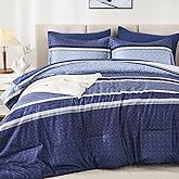 WONGS BEDDING Comforter Set King Size 7 Pieces,Navy Blue Striped Bed in a Bag Comforter and Sheet Set,Patchwork Soft Lightweight Micorfiber Bedding Set for All Seaon (90"×104")