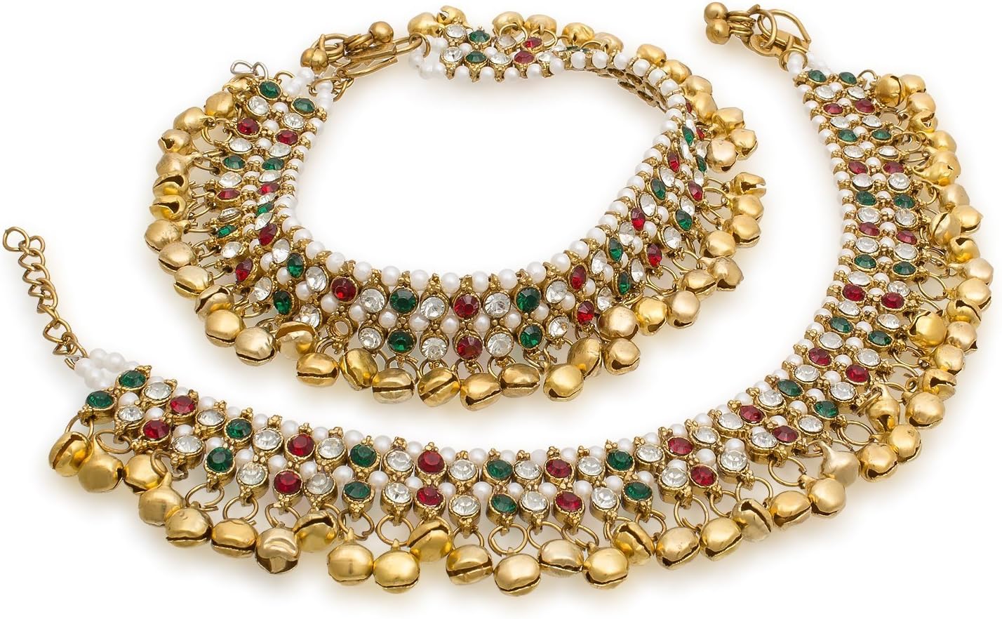 QURVED Red and Green Gunghroo Pattern Anklets/Payal for Women Red & Green Gold Plated Metal Chain Anklet/payal for Women and Girls