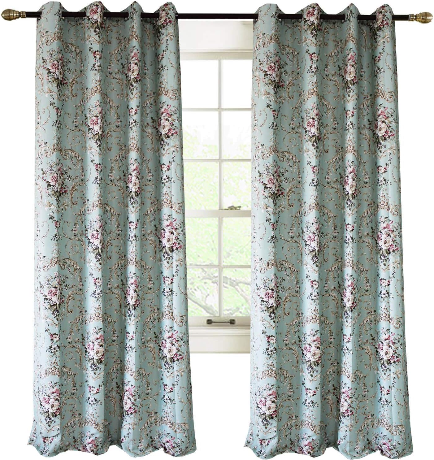 KoTing Bluey-Green Flowers Curtains Pink Rose Flower Shabby Chic Decor Room Darkening Drapes Grommet 84 inch Length