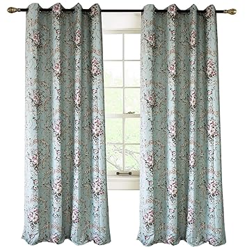 Koting Blackout Curtains Bluey Green Bedroom Curtains Pink Rose Flower Shabby Chic Decor Drapes For Living Room Grommet 72 Inch Wide