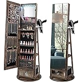 CHARMAID 360° Swivel Jewelry Cabinet Armoire 64.5" H, Full Length Mirror with Jewelry Storage, 6 LEDs Lockable Jewelry Organizer, Rear Storage Shelves, Large Drawer, Hairdryer Holder (Rustic Brown)