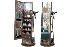 CHARMAID 360° Swivel Jewelry Cabinet Armoire 64.5" H, Full Length Mirror with Jewelry Storage, 6 LEDs Lockable Jewelry Organizer, Rear Storage Shelves, Large Drawer, Hairdryer Holder (Rustic Brown)