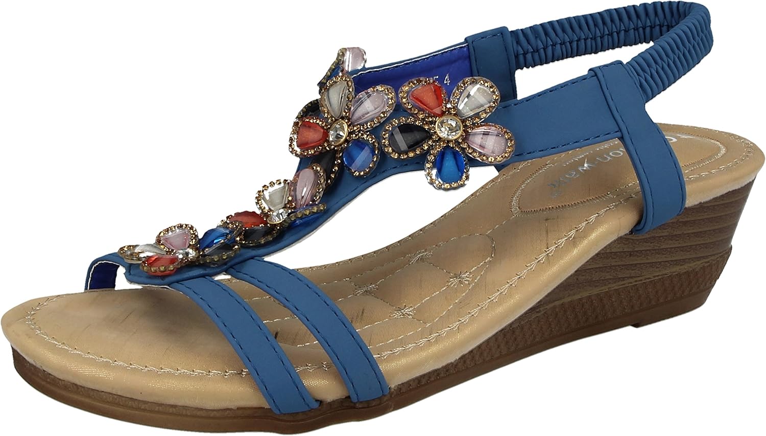 Ladies Cushion Walk TBar Jewel Multi Flower Sling Back Ladies Cushion Walk TBar Jewel Multi Flower Sling Back