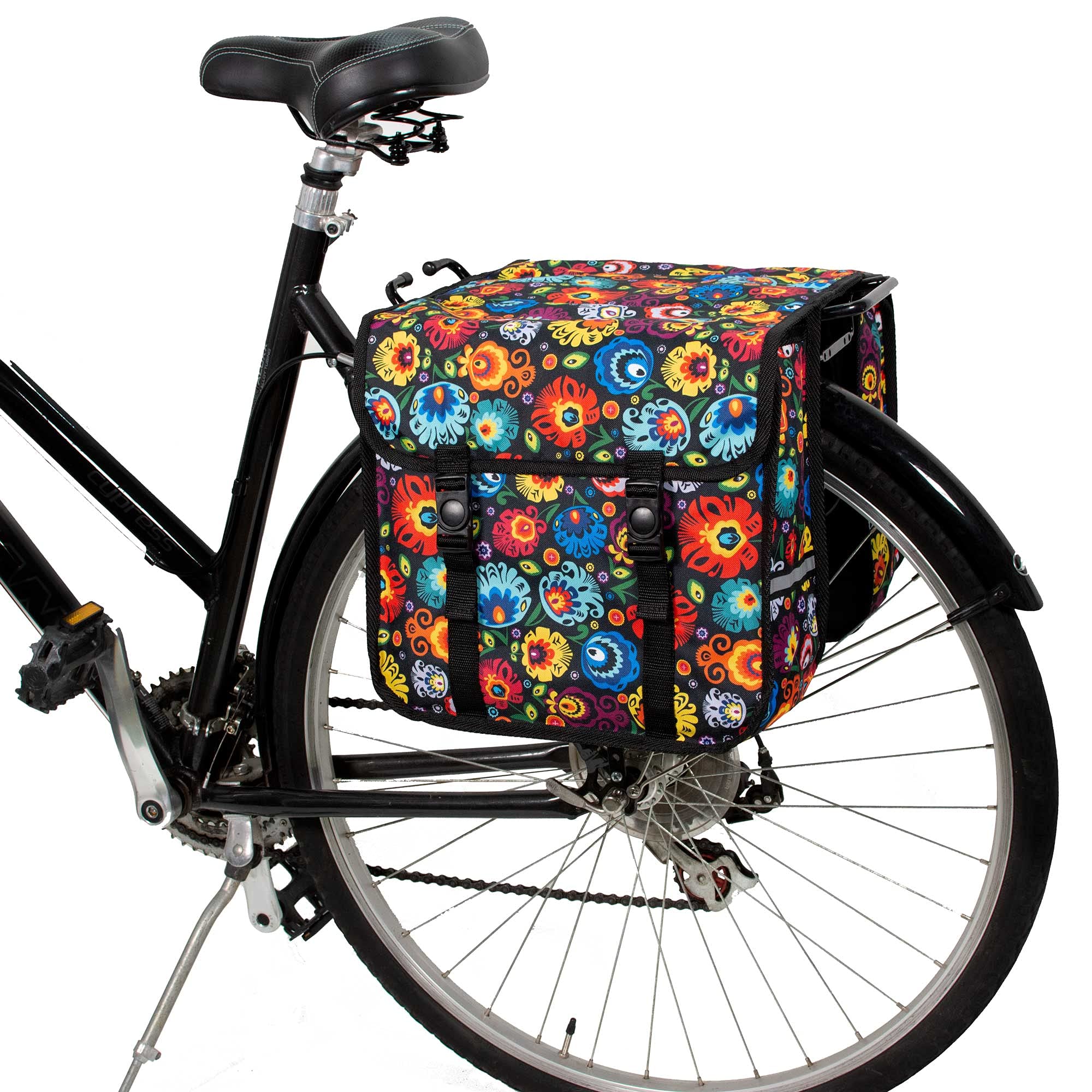 BikyBag Classic CE - Double Bicycle Panniers - 26L Water-Resistant Bike Pannier Bag for Rear Rack | Commuter & Shopping Cycling Bag (Folk Flowers)