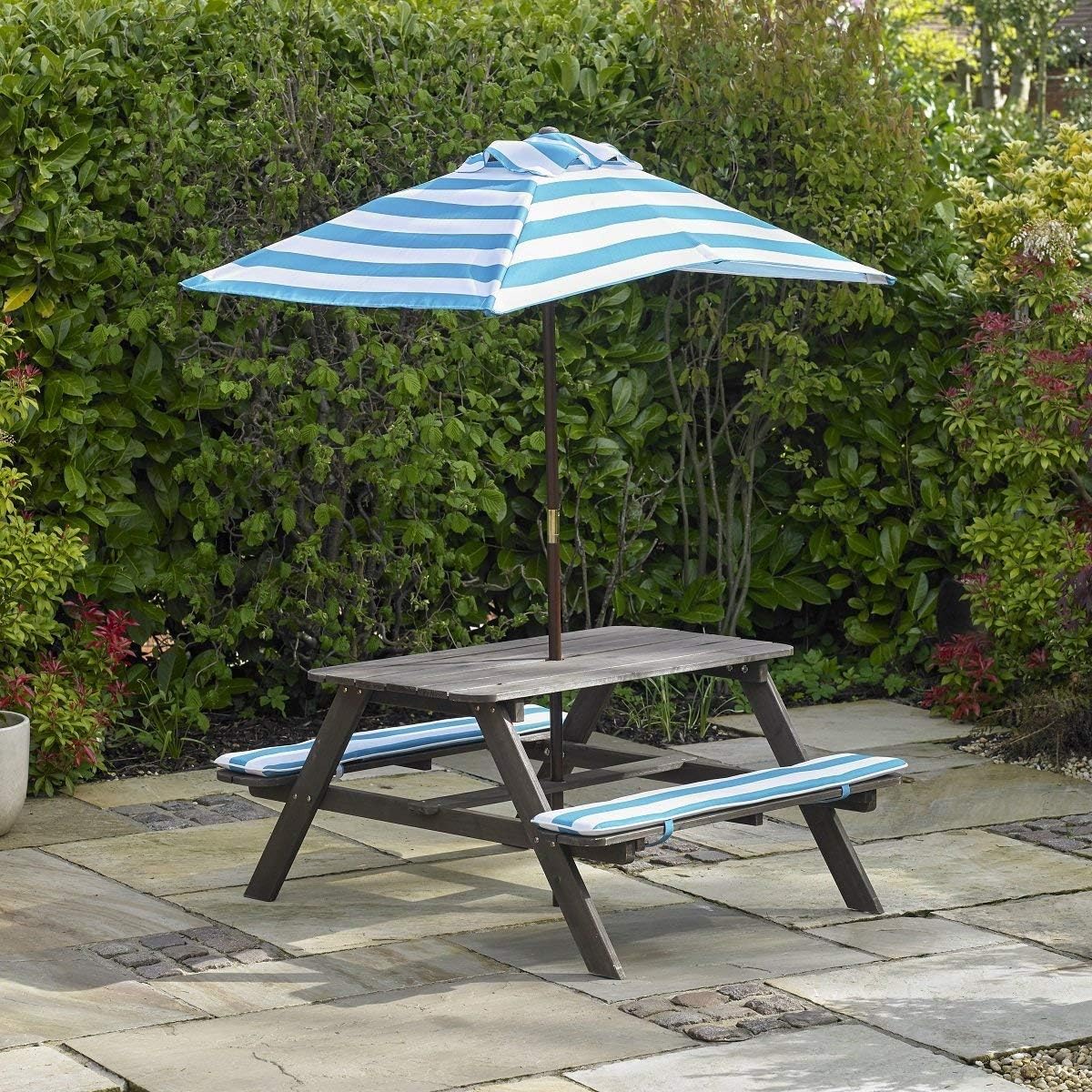 Kids Wooden Garden Set Table Bench with Cushion Umbrella Patio Furniture Parasol Children Play Seat Yard Outdoor Picnic Deck