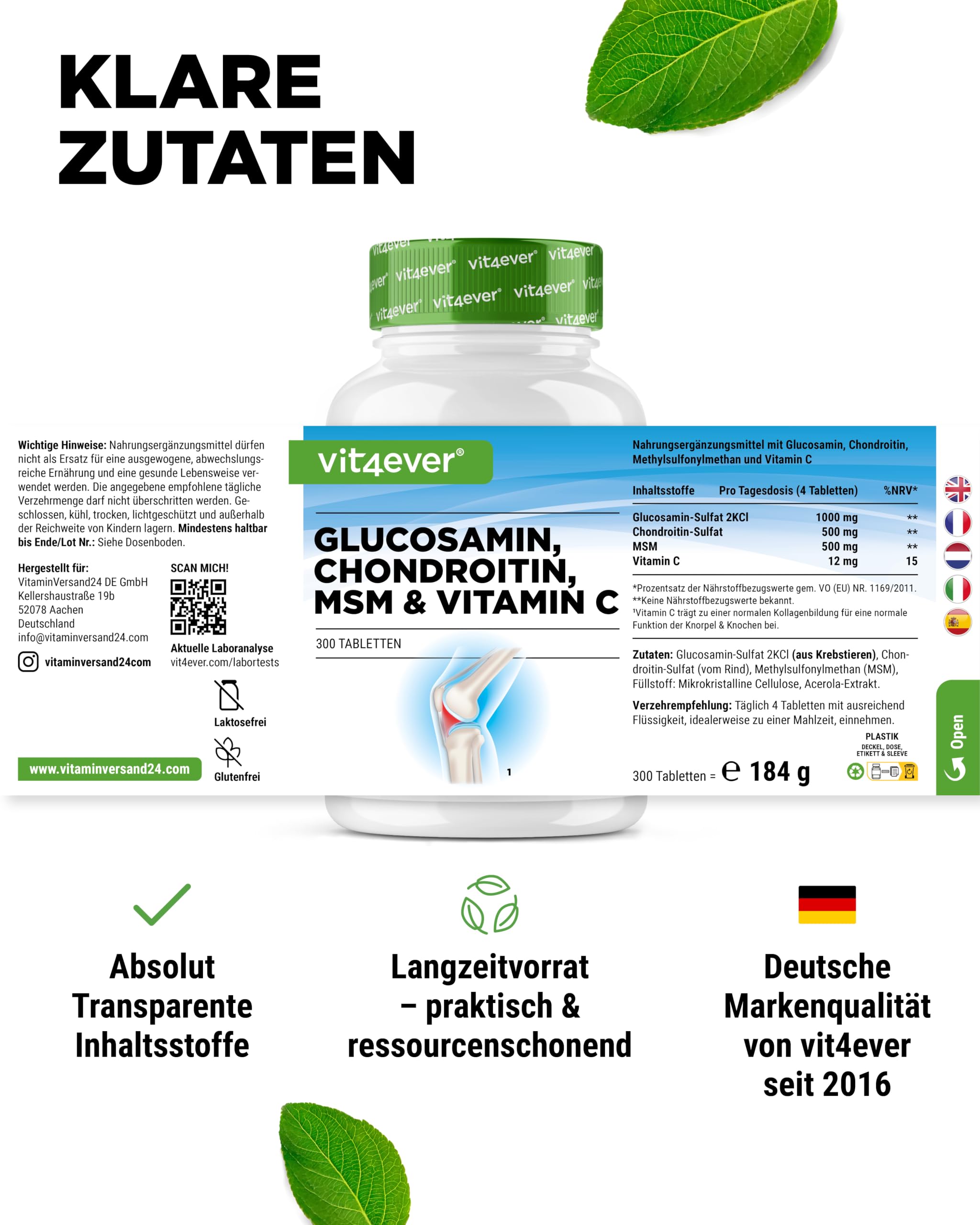 vit4ever Glucosamin Chondroitin MSM - 300 Tabletten - 4-in-1 Formel 7