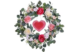 JINGHONG 20 Inch Valentine’s Day Wreath,Rose Flower Wreath with Eucalyptus Leaves Wooden Heart for Front Door Wall Window Decor and Valentine’s Day Wedding Anniversary Party Decorations