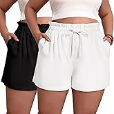 Evervibe 2 Pack Women's Linen Shorts L-5xl Plus Size with Pockets Drawstring High Waist Wide Leg Casual Summer Shorts